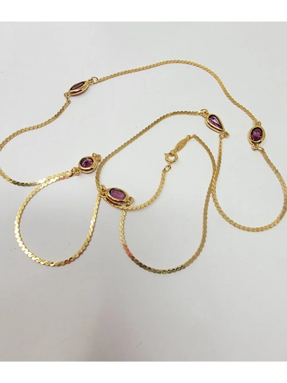 Vintage Napier Gold Tone Amethyst Glass Station Necklace - Picture 1 of 4
